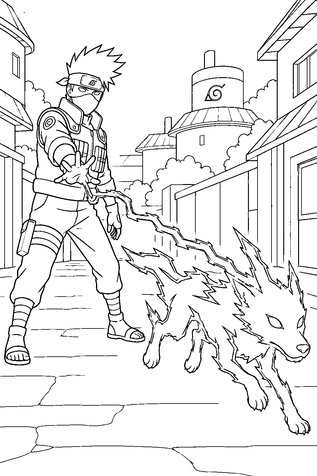 kakashi hatake sending a lightning hound across a village street line art