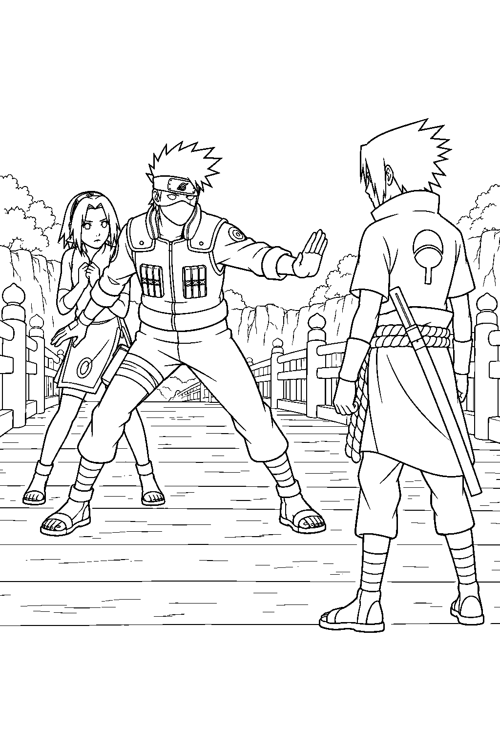 kakashi hatake shielding sakura from sasuke at the samurai bridge line art