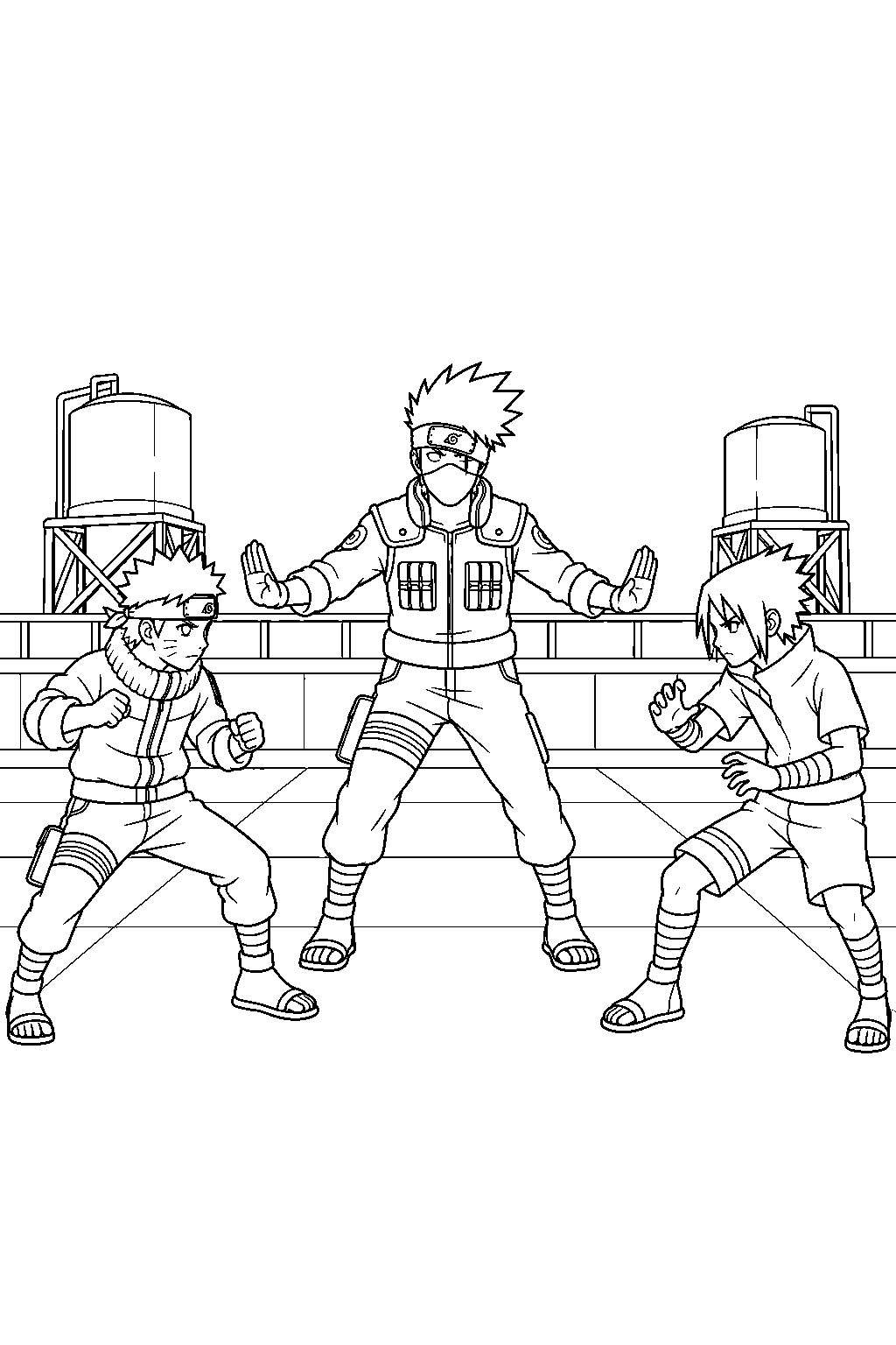 kakashi hatake stopping naruto and sasuke s clash on the hospital rooftop line art
