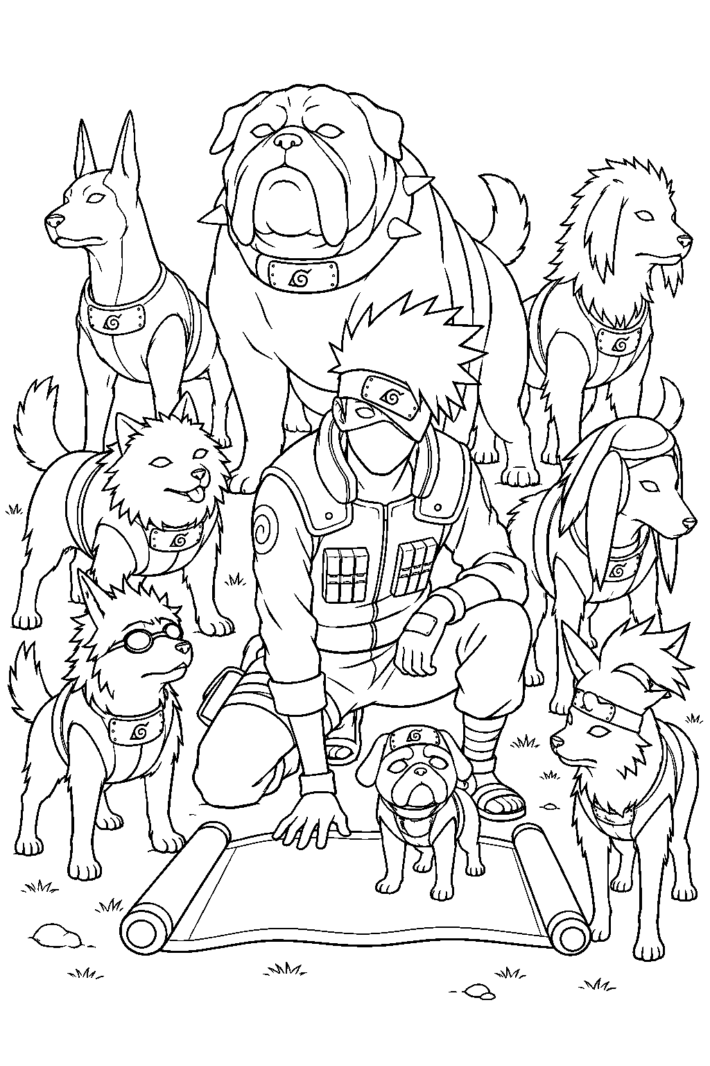 kakashi hatake summoning his ninja dogs with an open scroll line art