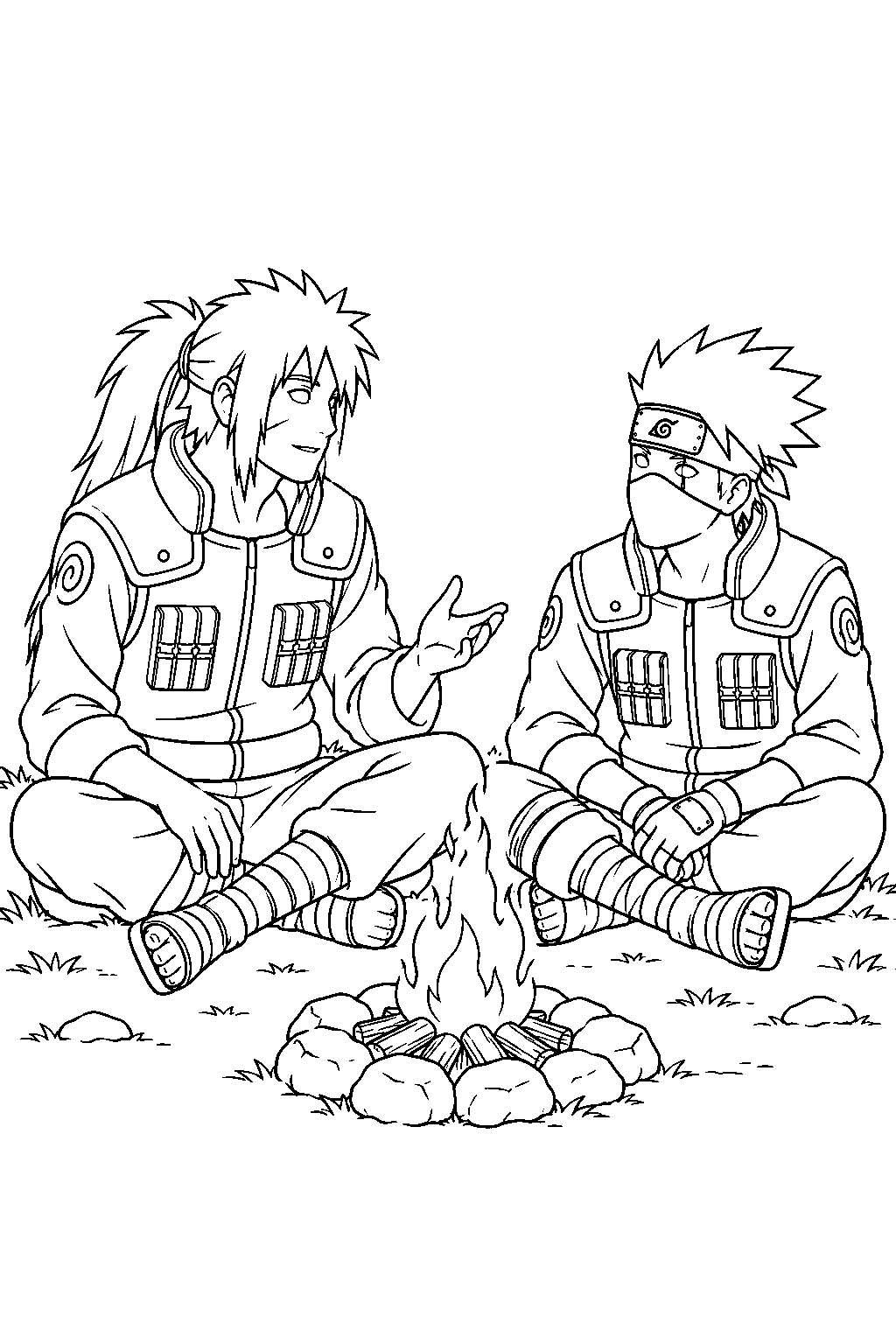 kakashi hatake talking with sakumo beside a campfire line art