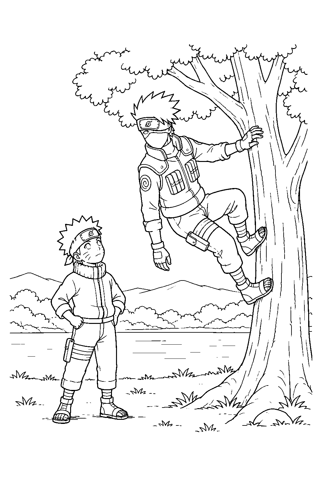 kakashi hatake teaching naruto tree climbing in the land of waves line art