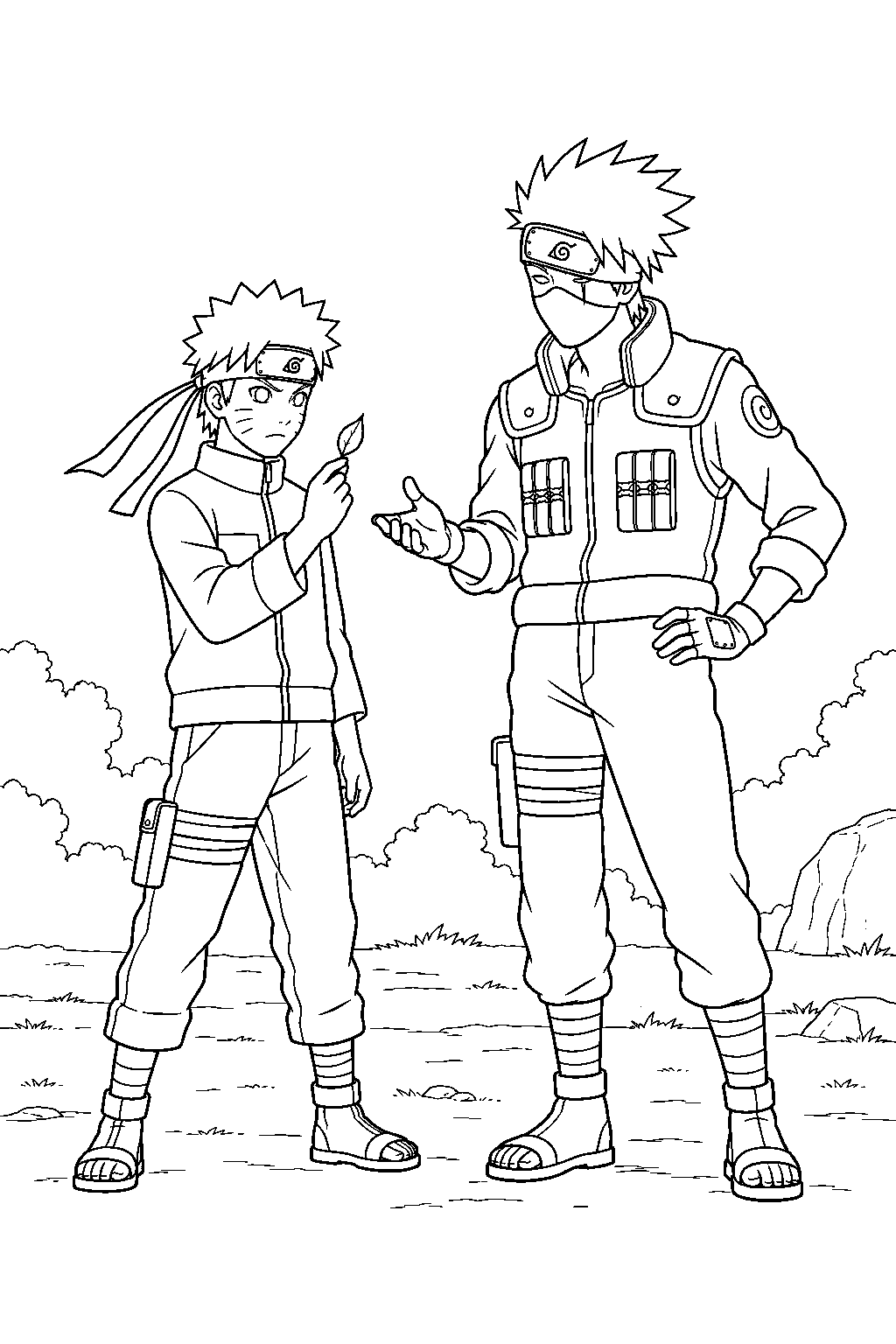 kakashi hatake teaching naruto wind chakra control with a leaf line art