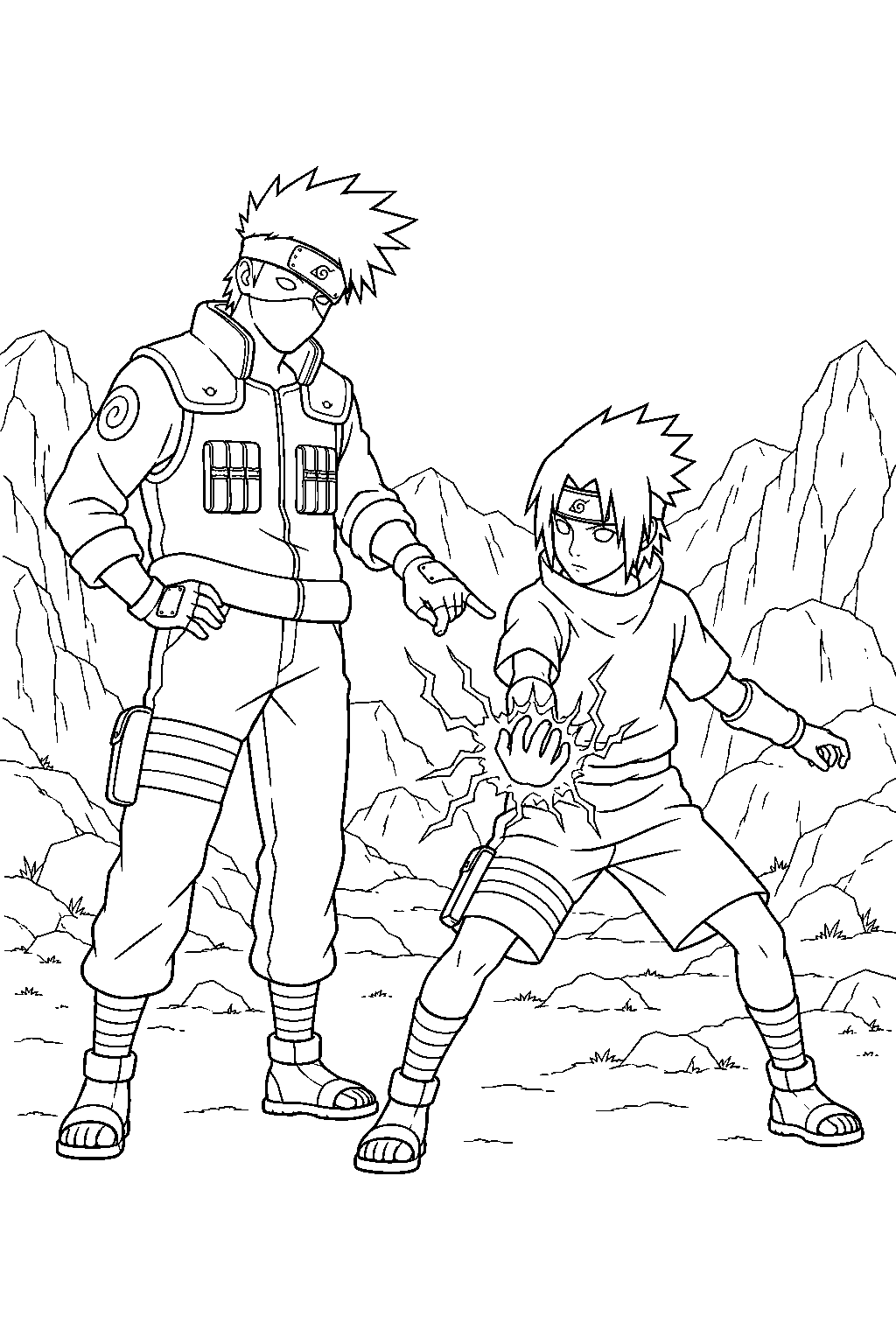 kakashi hatake teaching sasuke the chidori in the mountains line art