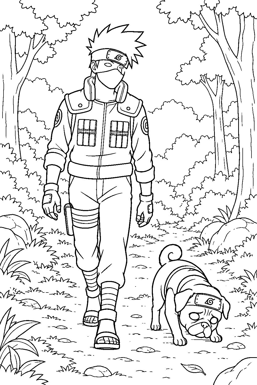 kakashi hatake tracking a forest trail with pakkun line art
