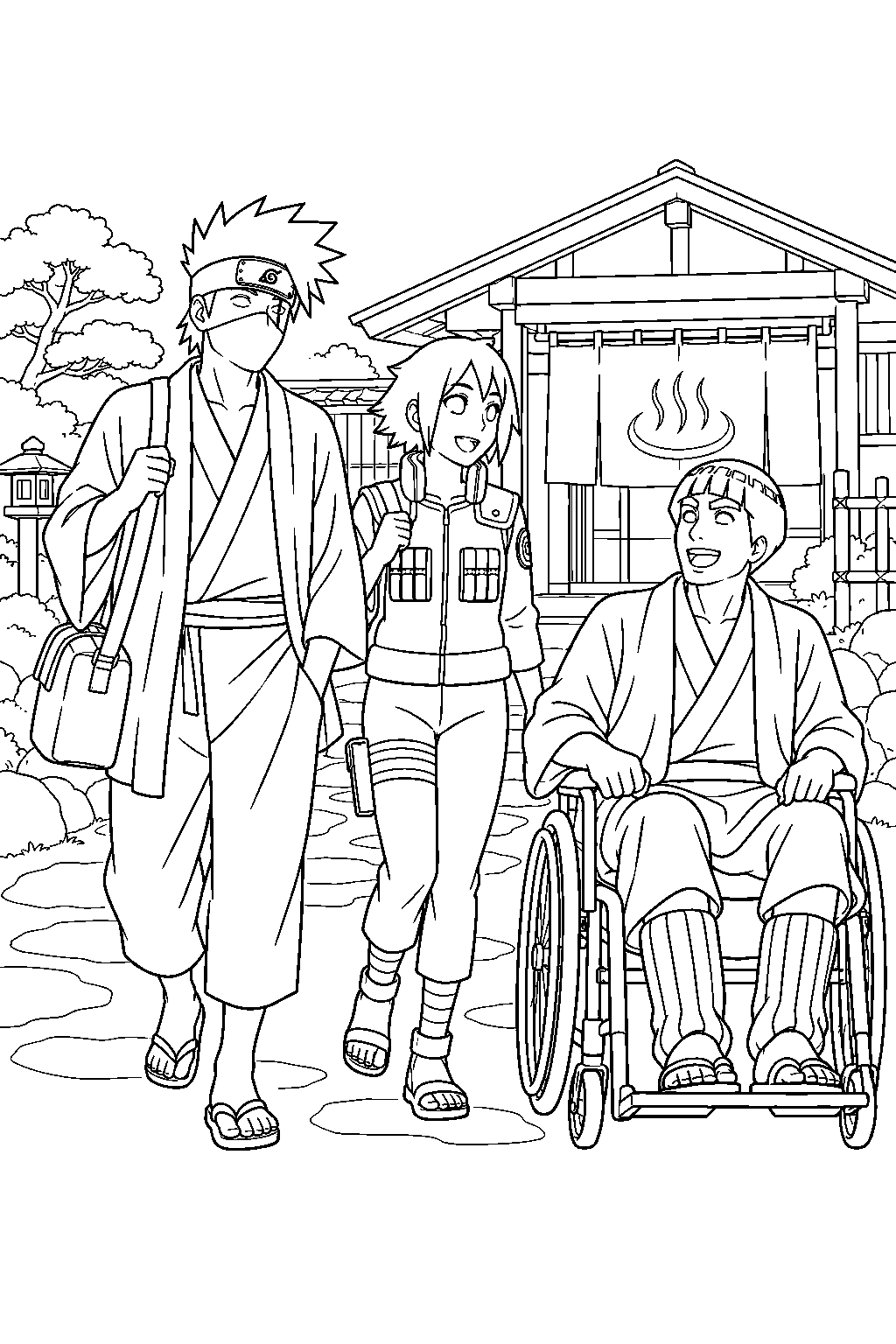 kakashi hatake traveling to the hot springs with might guy and mirai sarutobi line art