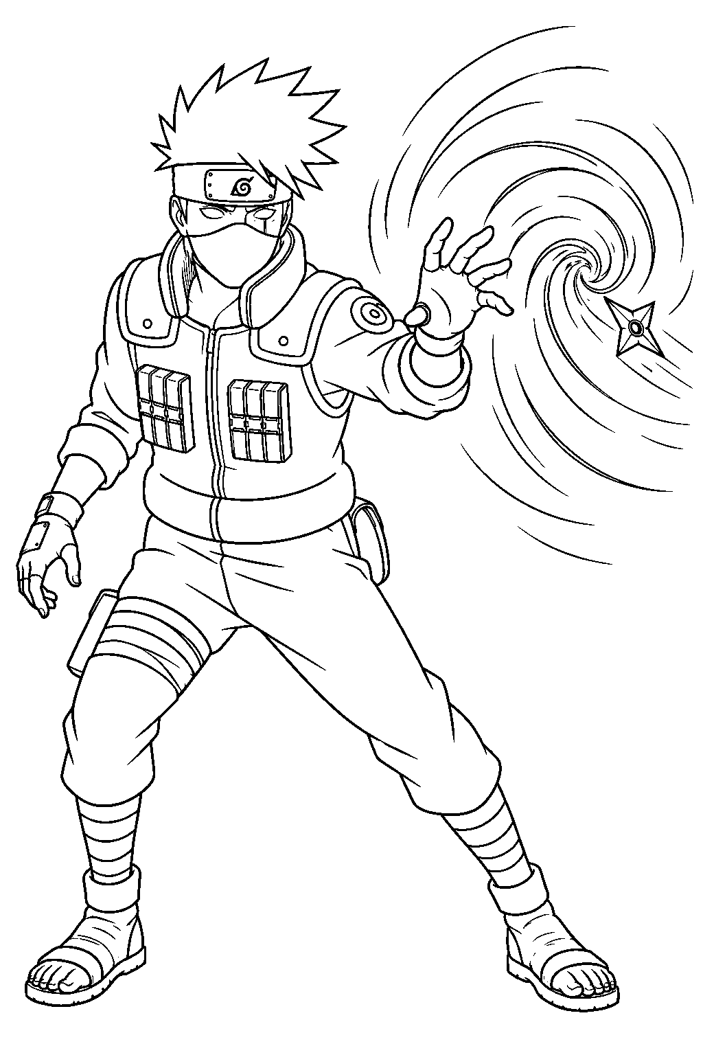 kakashi hatake using kamui to warp an incoming shuriken line art