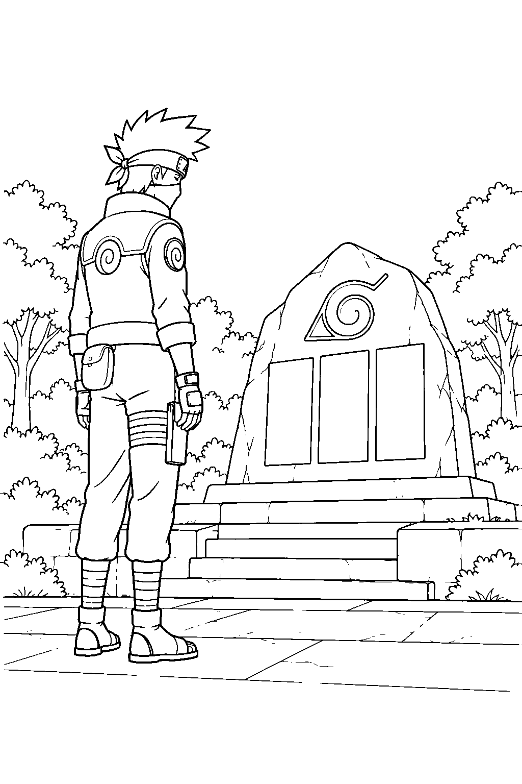 kakashi hatake visiting the memorial stone in konoha line art