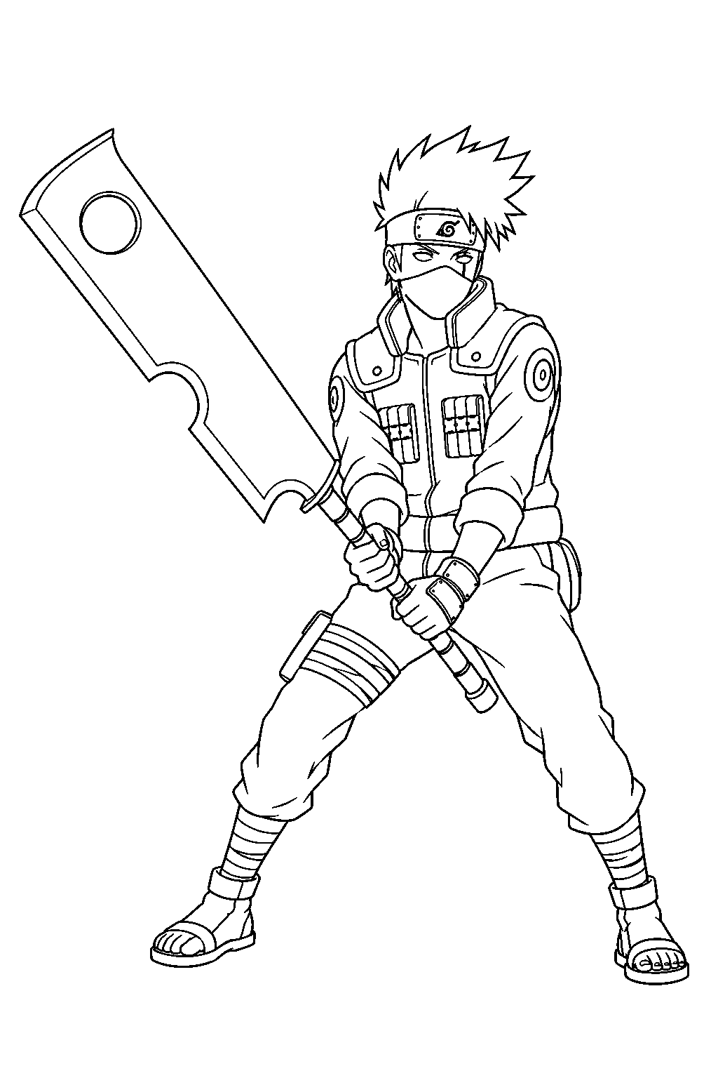 kakashi hatake wielding zabuza s sword during the fourth great ninja war line art