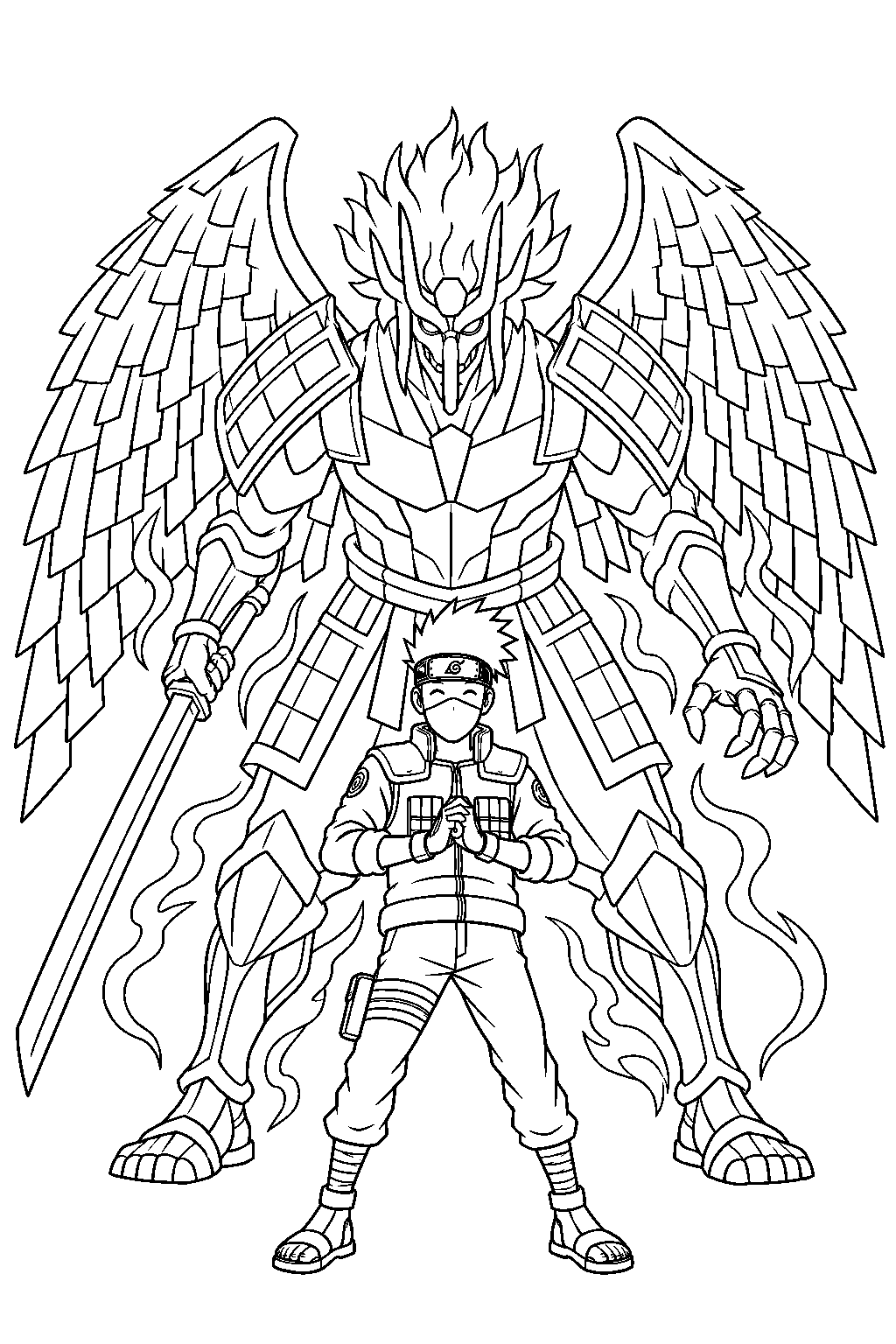 kakashi hatake with his perfect susanoo towering above the battlefield line art