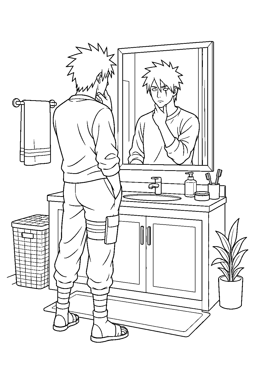 kakashi hatake without his mask beside a bathroom mirror line art