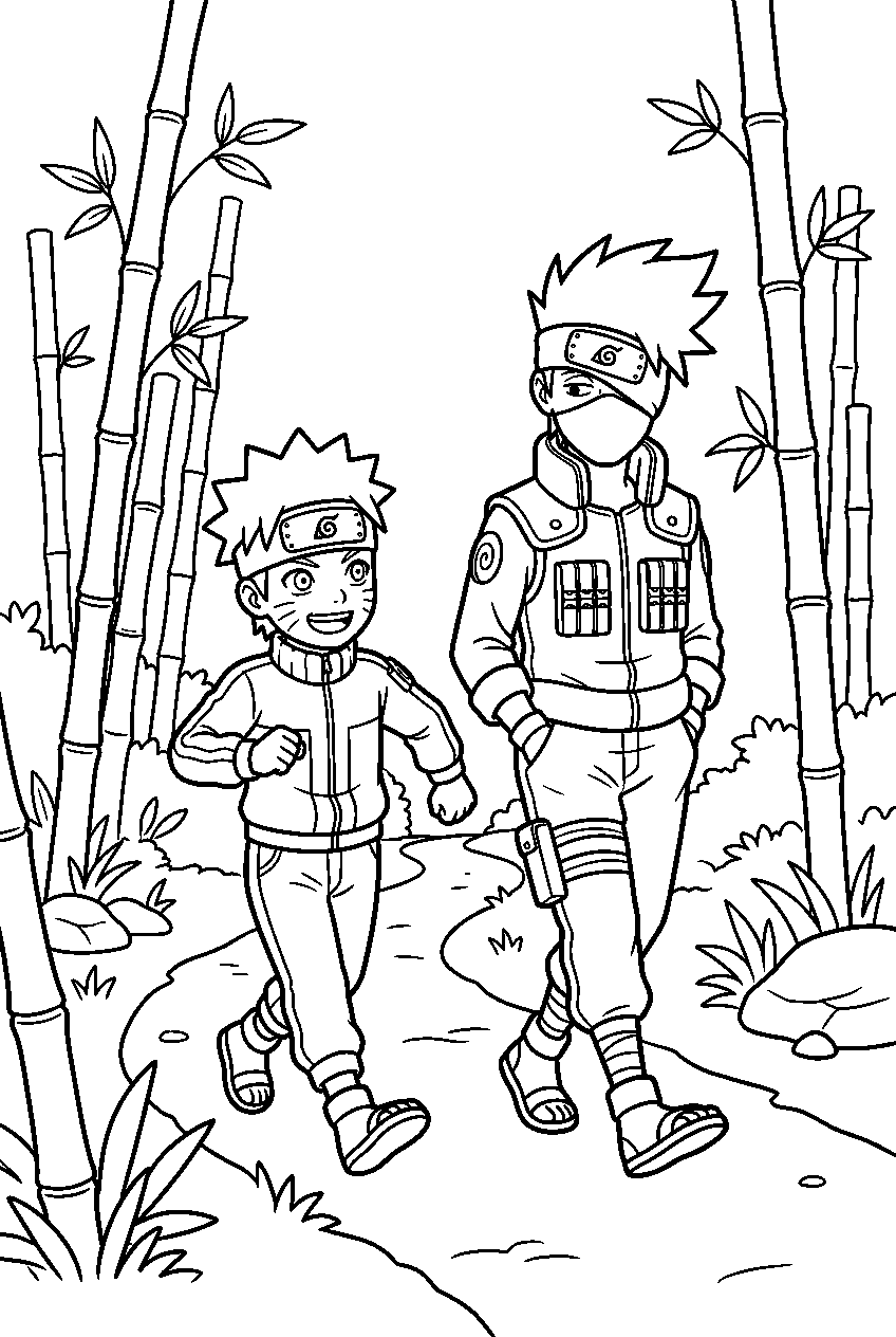 naruto kakashi exploring in bamboo forest line art