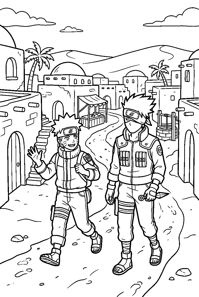 naruto kakashi exploring in desert village line art
