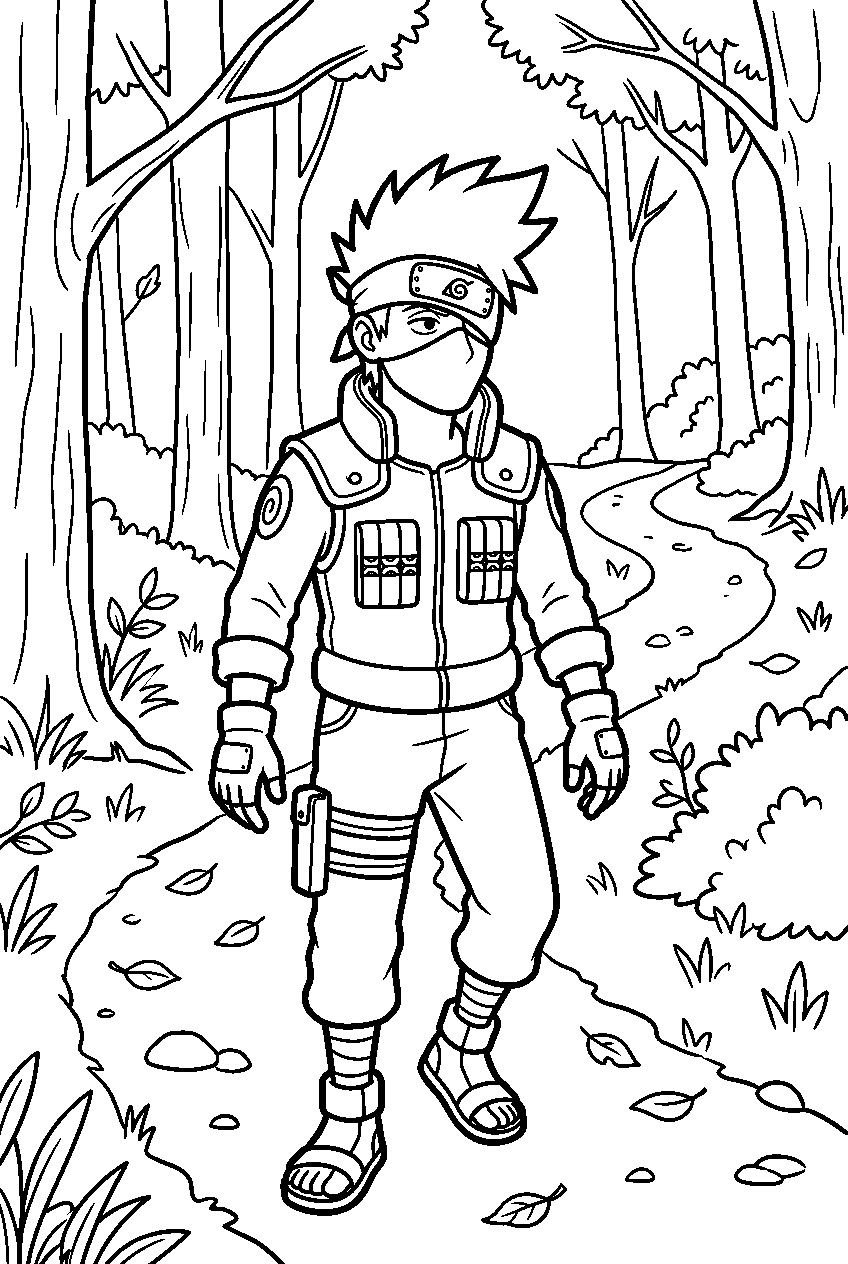 naruto kakashi looking around in woodland trail line art