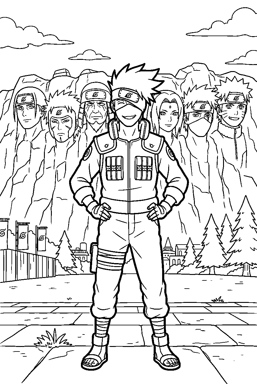 naruto kakashi posing in hokage monument area line art