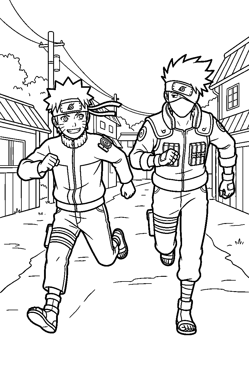 naruto kakashi running in village street line art