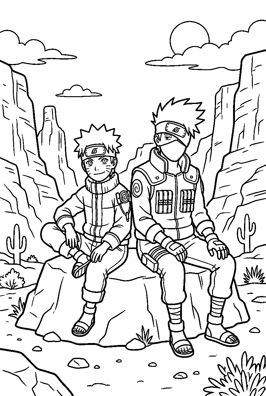 naruto kakashi sitting in desert canyon line art