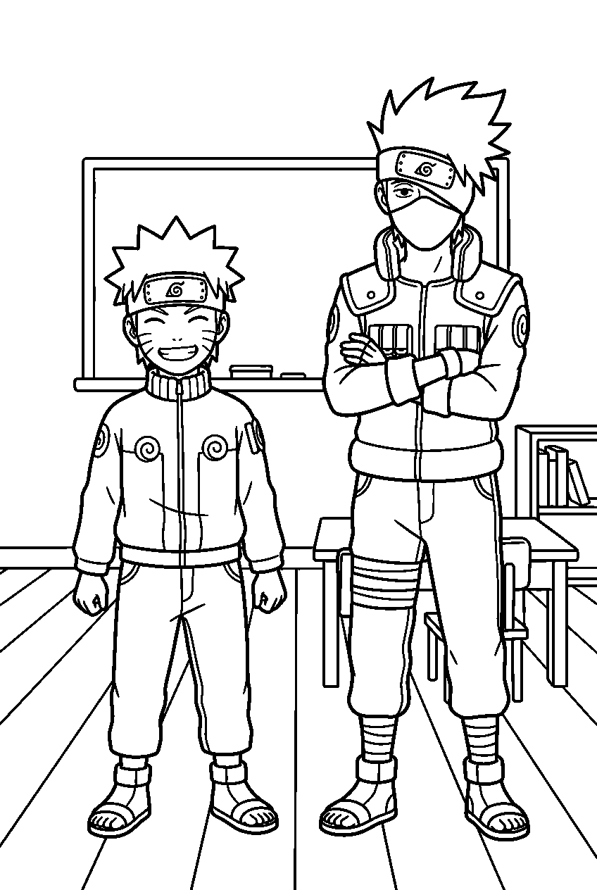 naruto kakashi standing in academy classroom line art