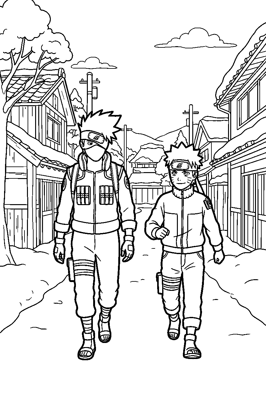 naruto kakashi walking in snowy village line art