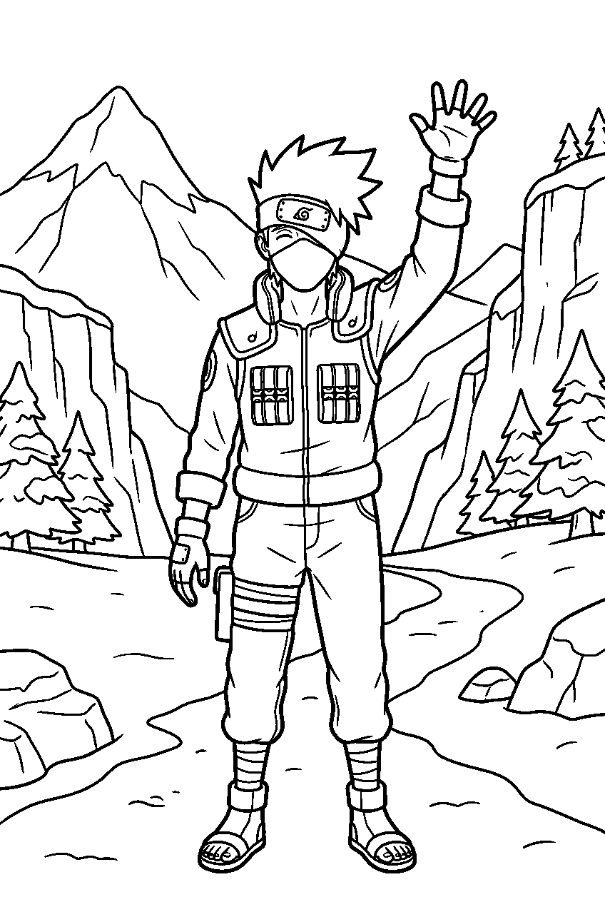 naruto kakashi waving in frozen valley line art