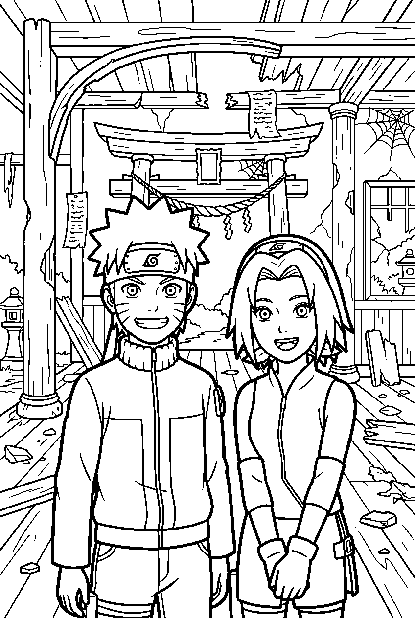 naruto sakura in abandoned temple line art
