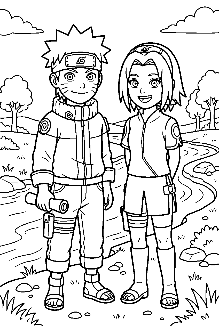 naruto sakura on riverbank line art