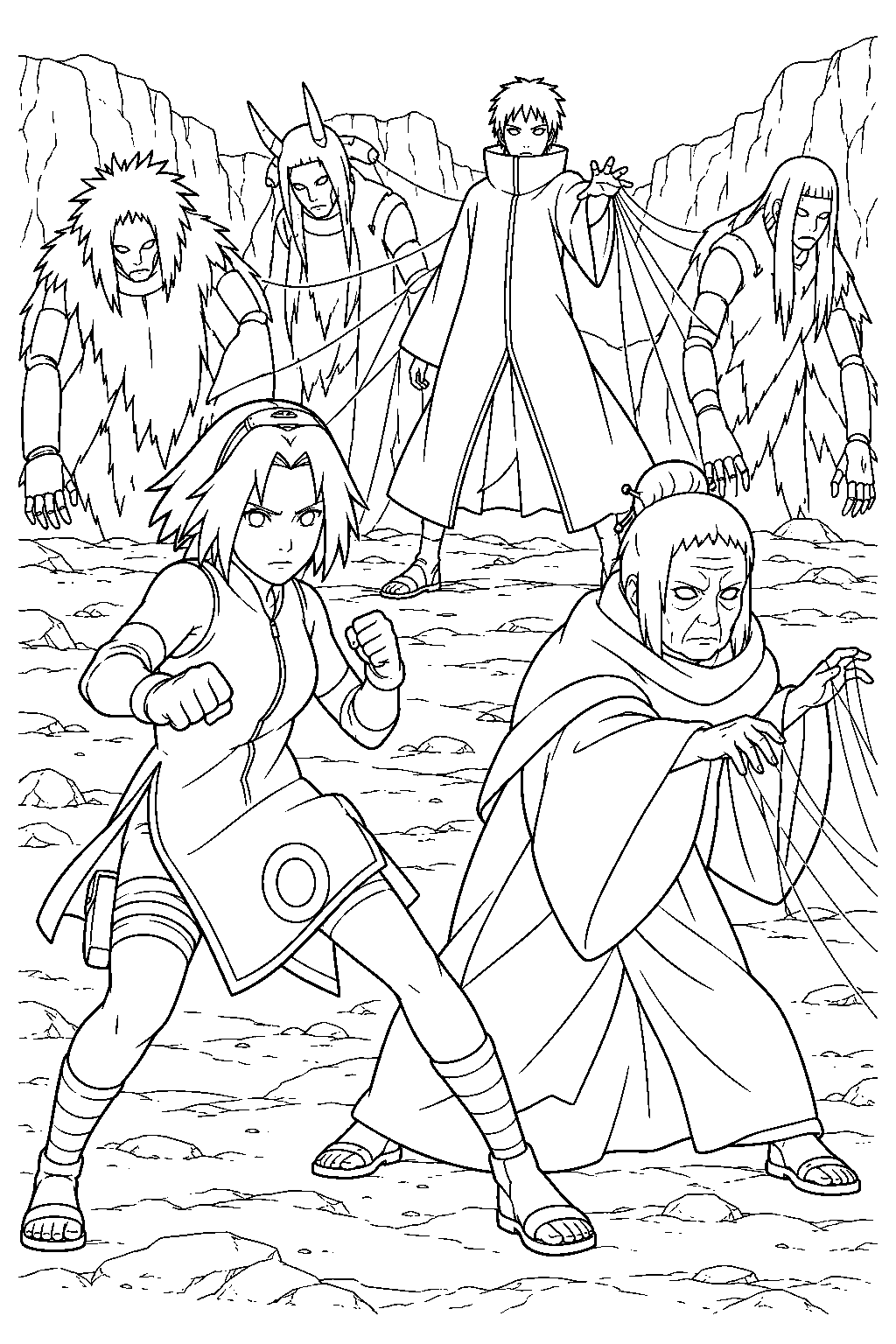 sakura haruno and chiyo facing sasori and his puppet army line art