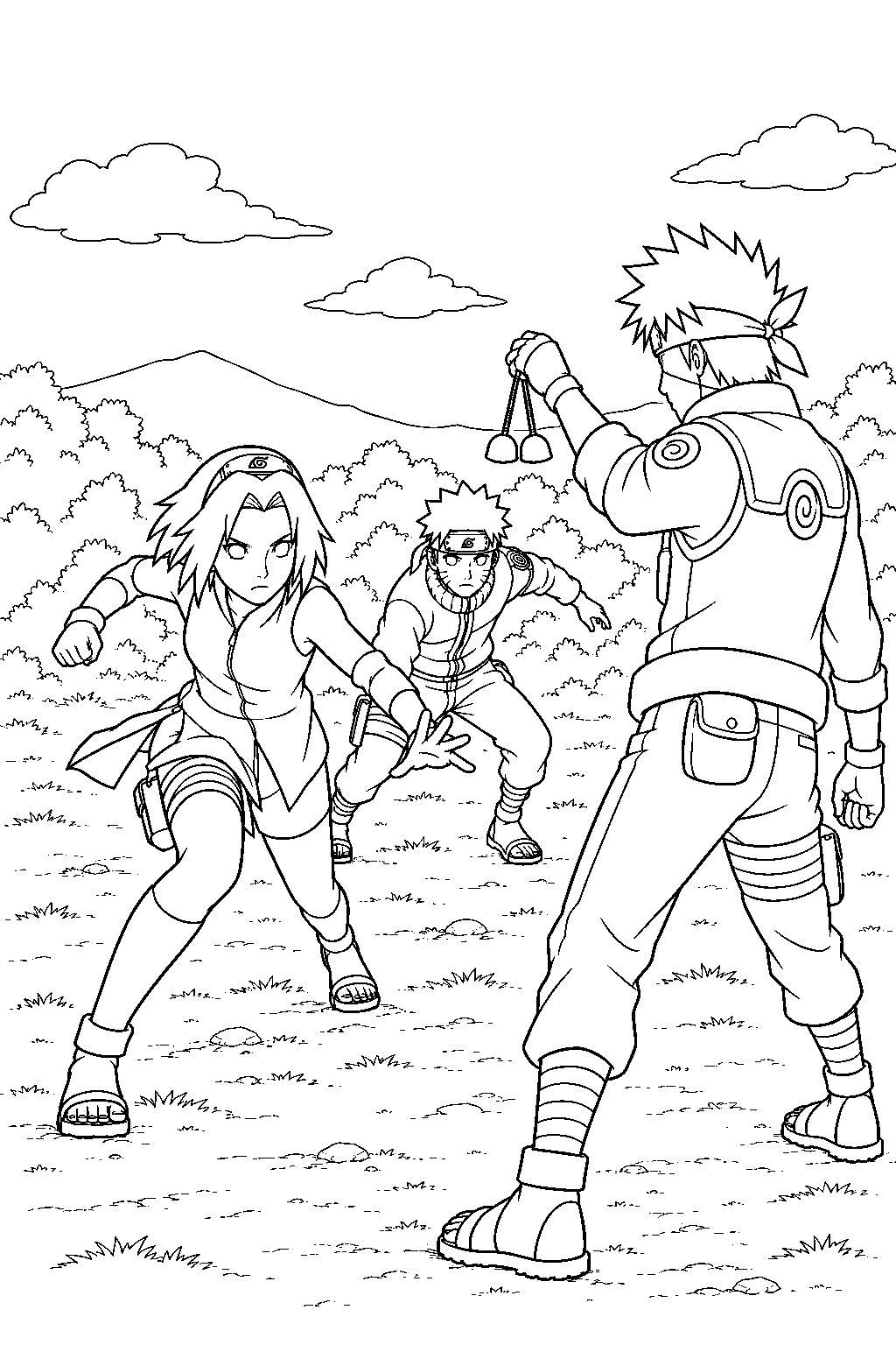 sakura haruno and naruto challenging kakashi hatake in the second bell test line art