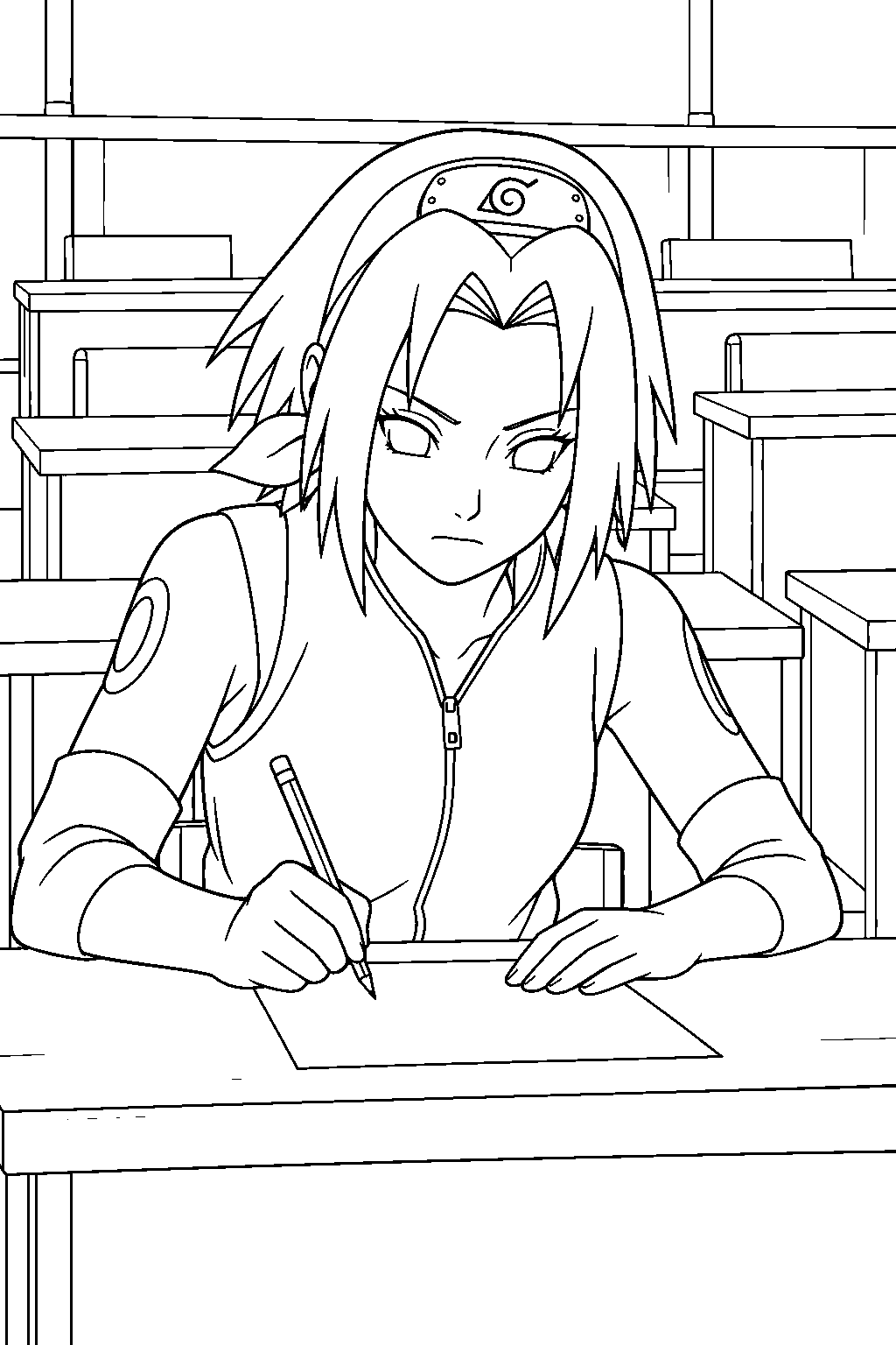sakura haruno answering questions during the chunin exam written test line art