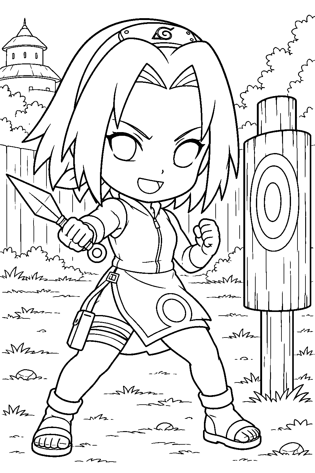 sakura haruno as a chibi ninja holding a kunai beside a training target line art