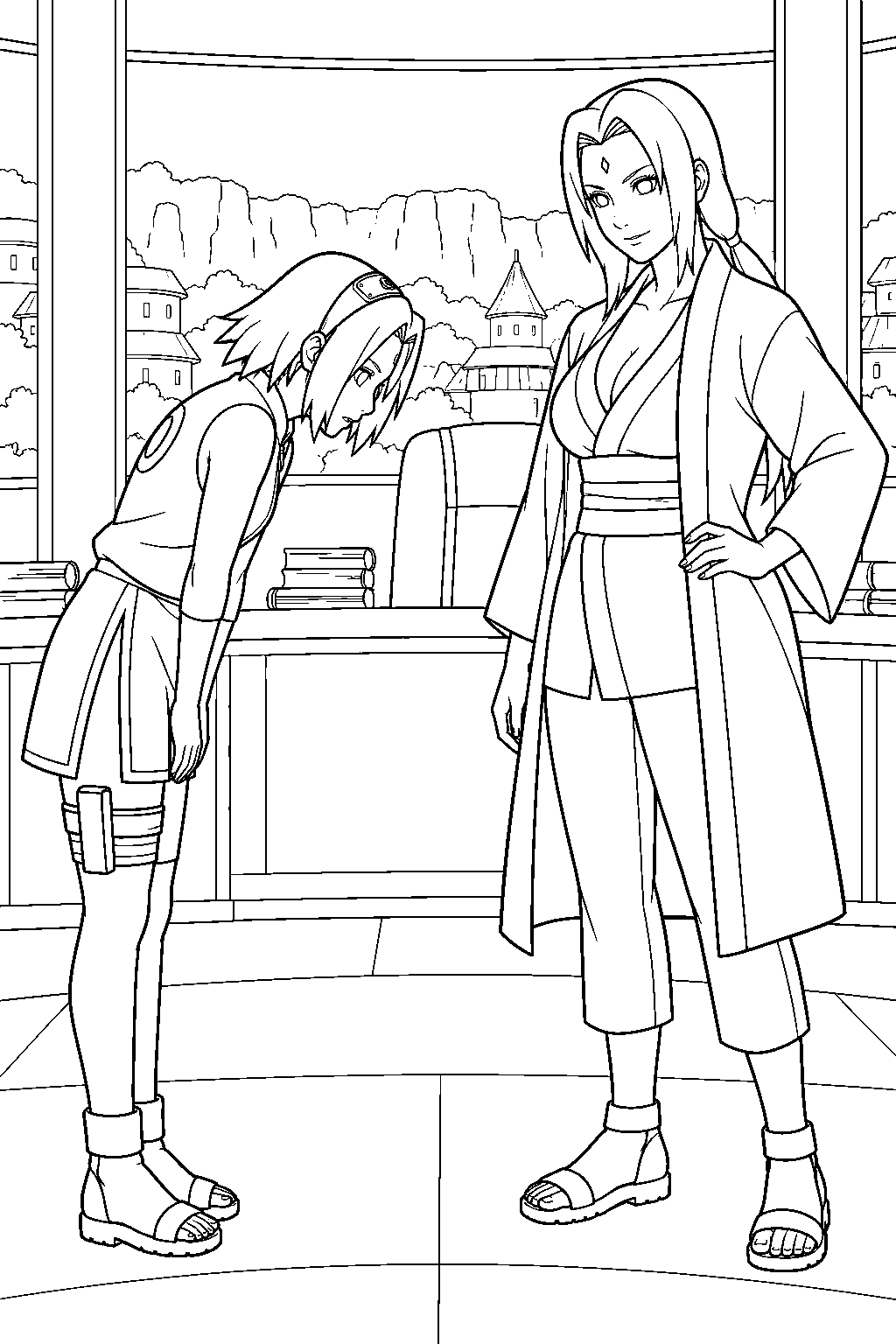 sakura haruno asking tsunade to accept her as a medical ninja apprentice line art