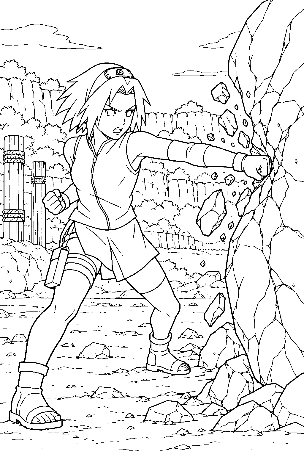 sakura haruno breaking a training boulder with a chakra enhanced punch line art