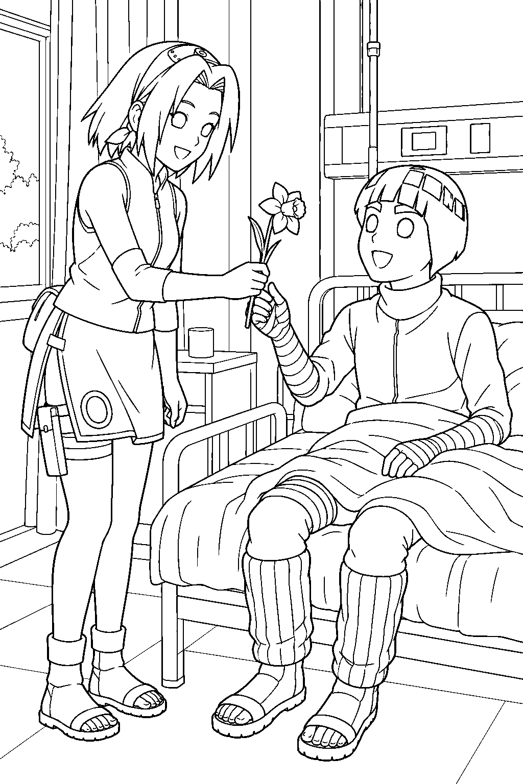 sakura haruno bringing a flower to rock lee at the hidden leaf hospital line art