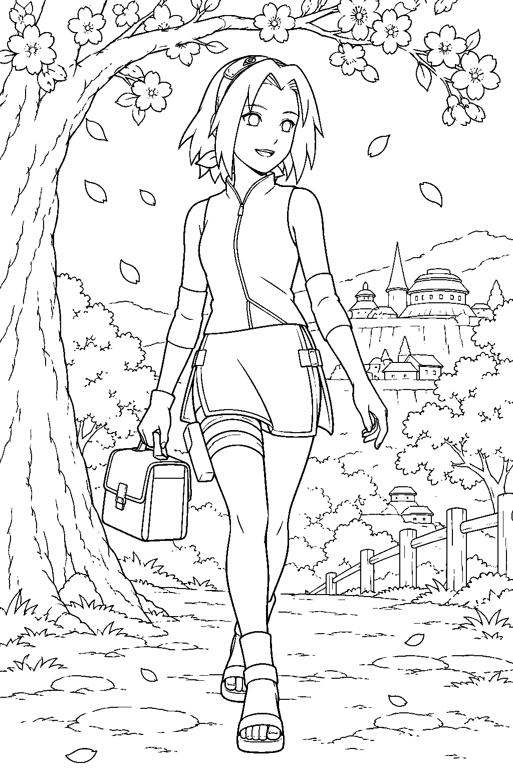 sakura haruno carrying a medical bag beneath a cherry blossom tree line art
