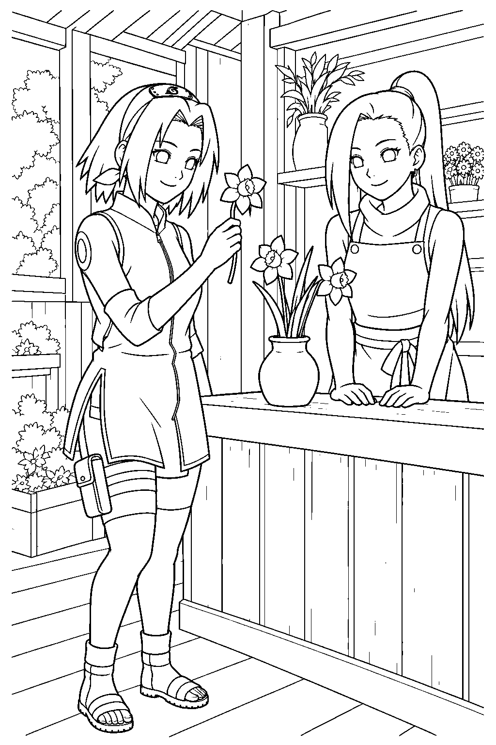 sakura haruno choosing daffodils with ino yamanaka at the yamanaka flower shop line art