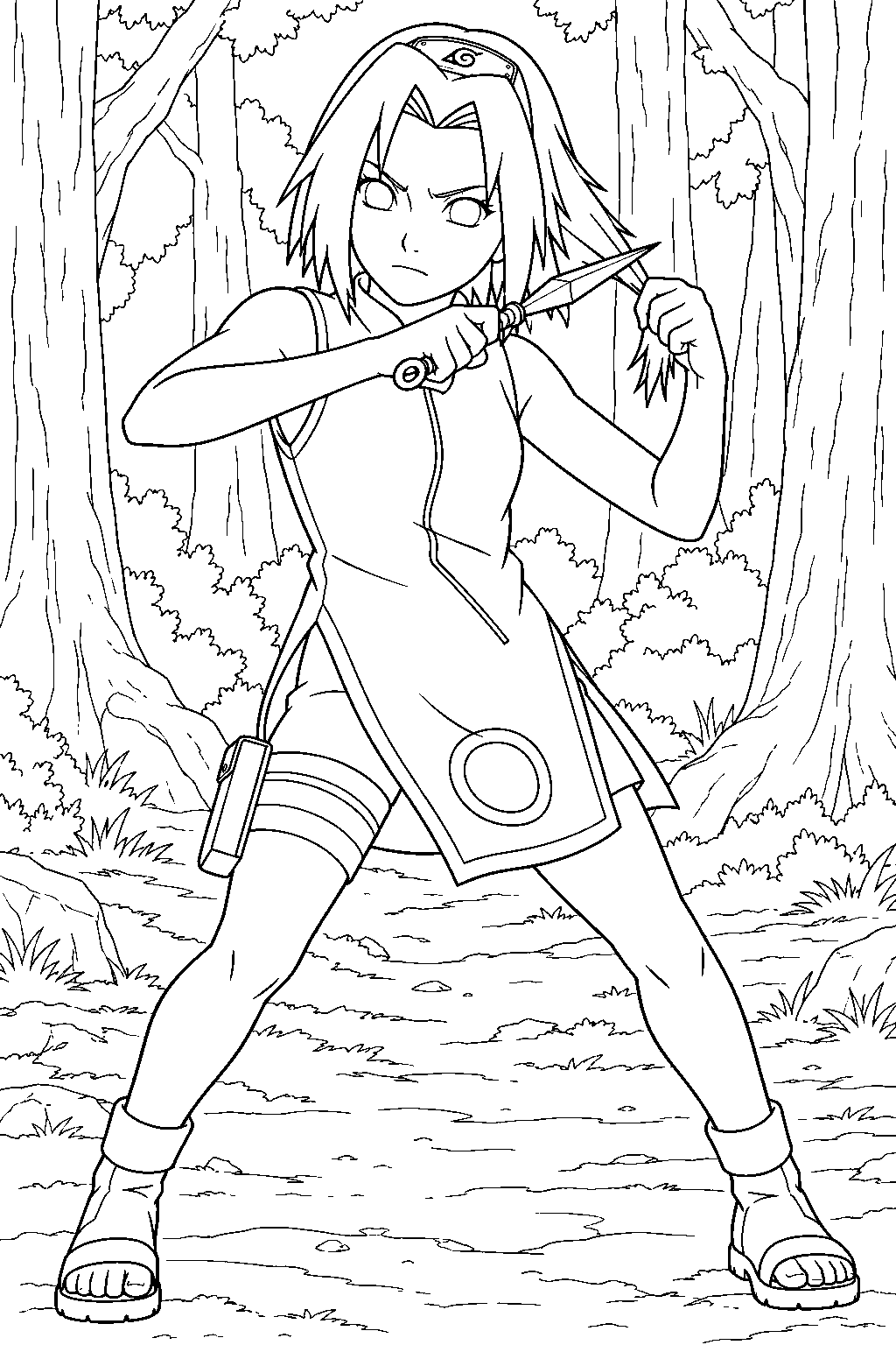 sakura haruno cutting her hair with a kunai in the forest of death line art