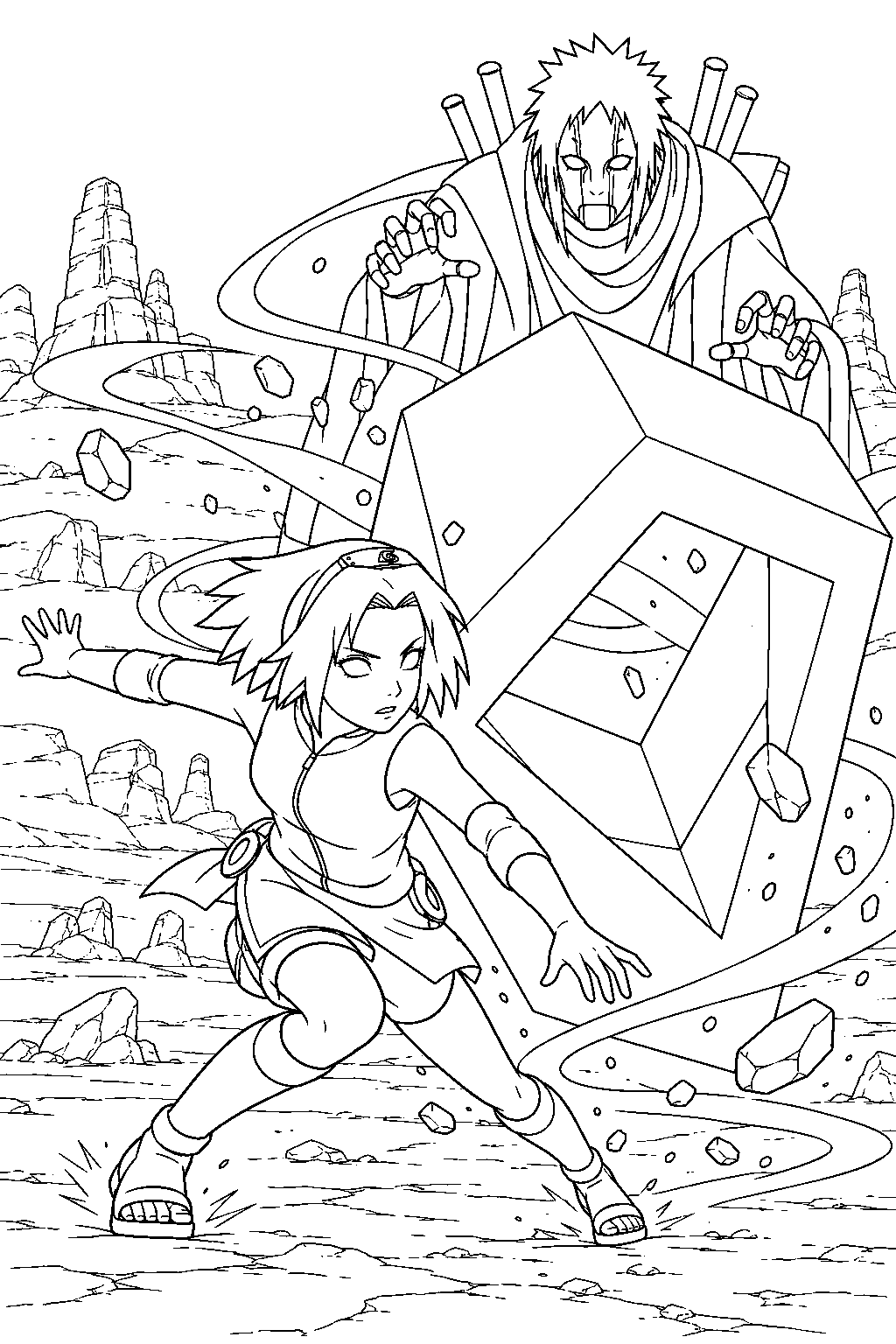 sakura haruno dodging the third kazekage puppet s iron sand attack line art