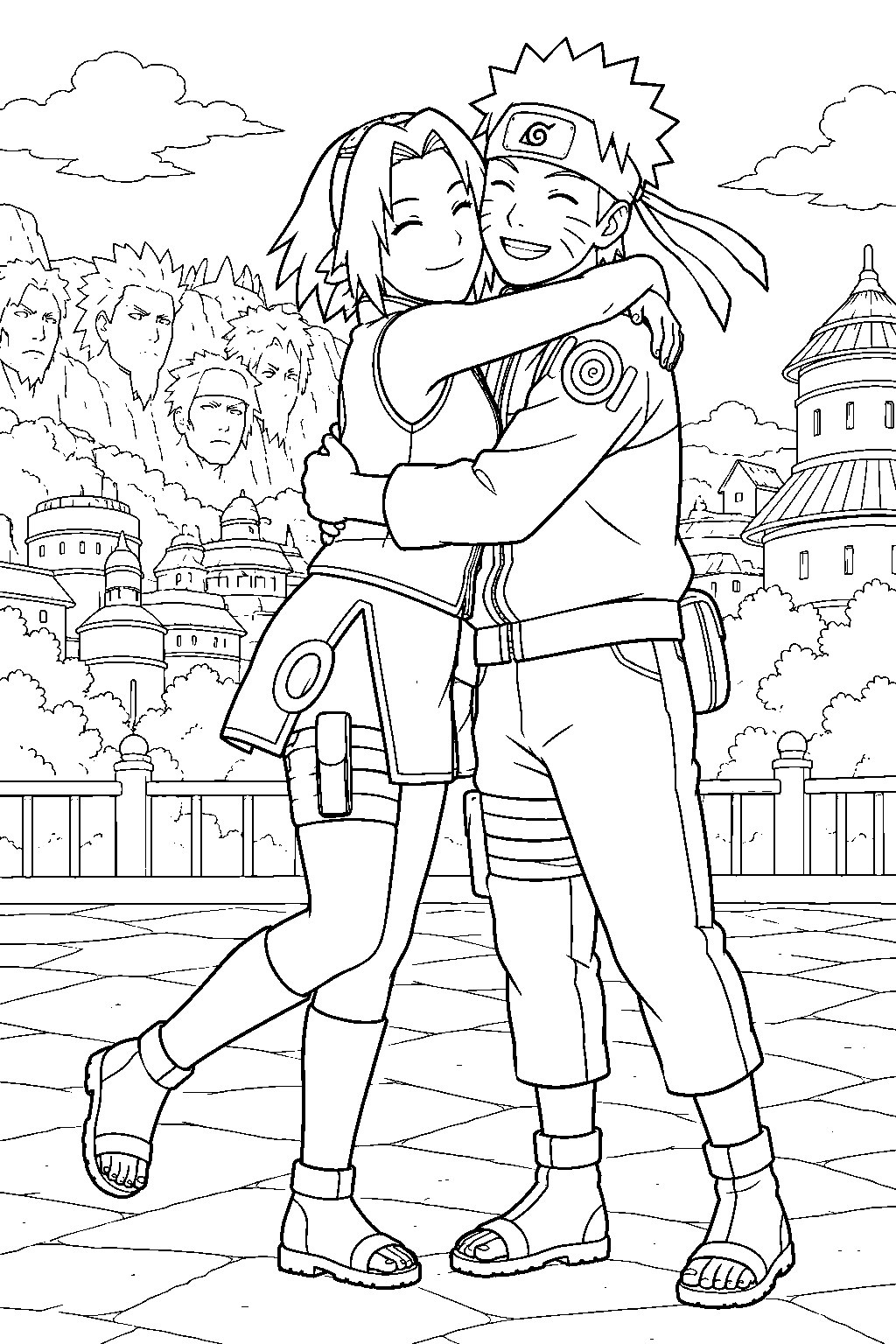 sakura haruno embracing naruto after he returns as the hidden leaf village hero line art