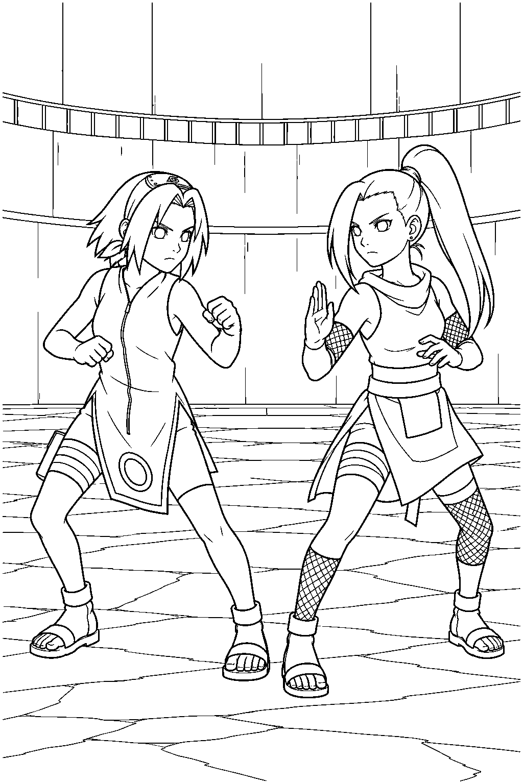 sakura haruno facing ino yamanaka in the chunin exam arena line art