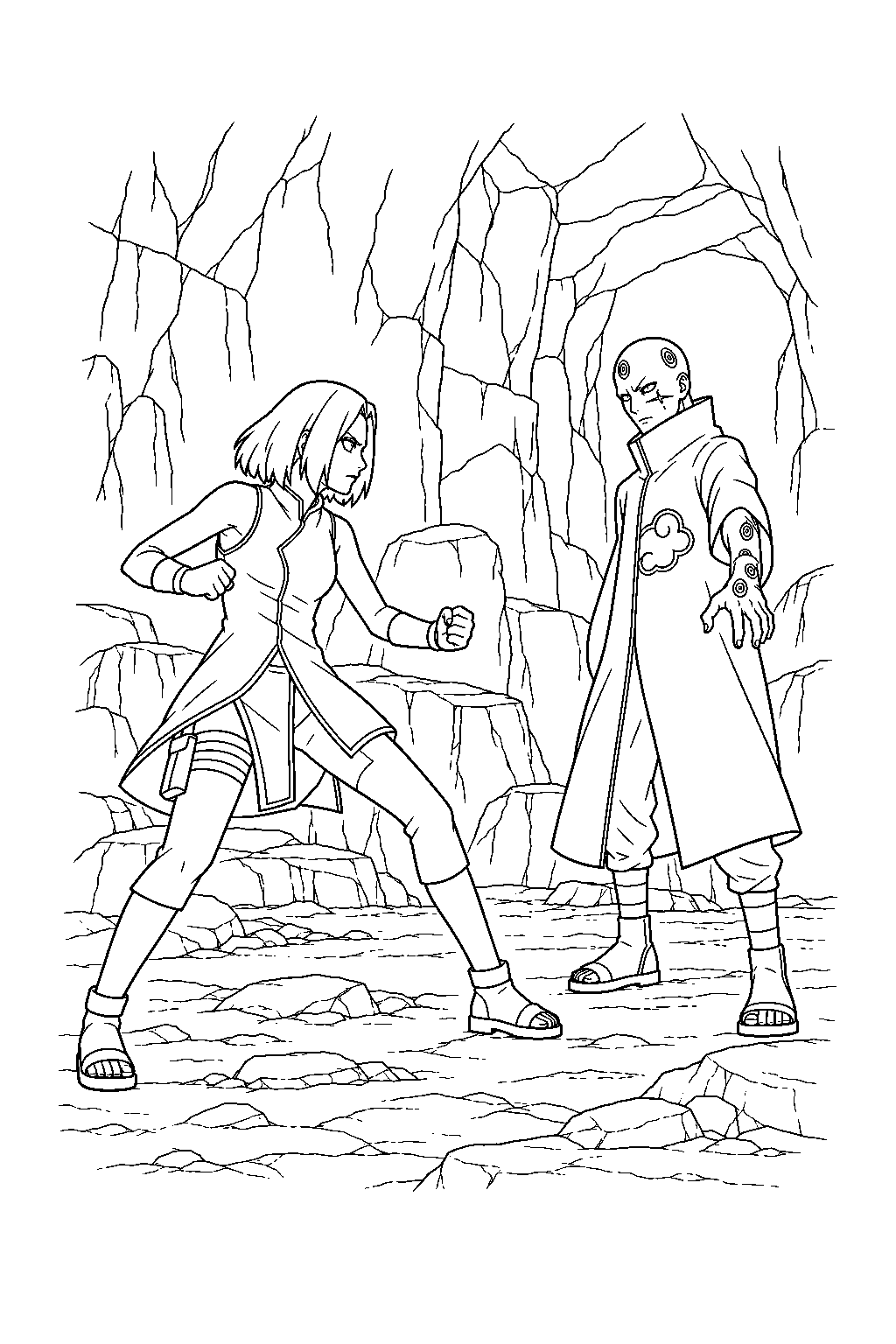 sakura haruno facing shin uchiha in his hideout line art
