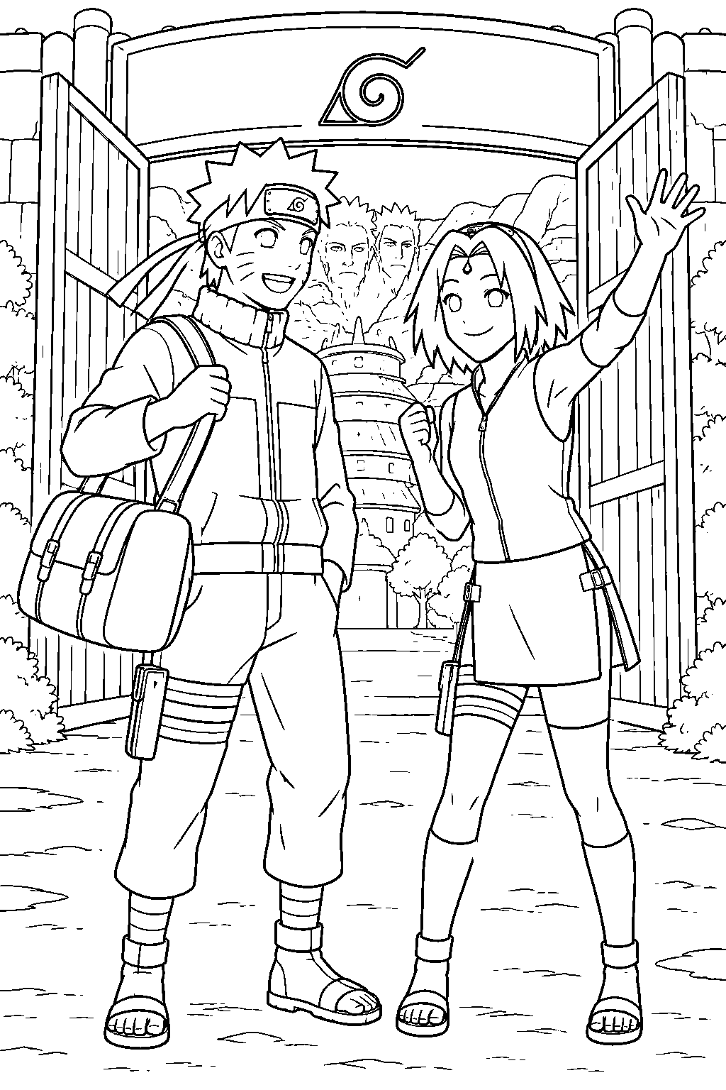 sakura haruno greeting naruto after his return to the hidden leaf village line art