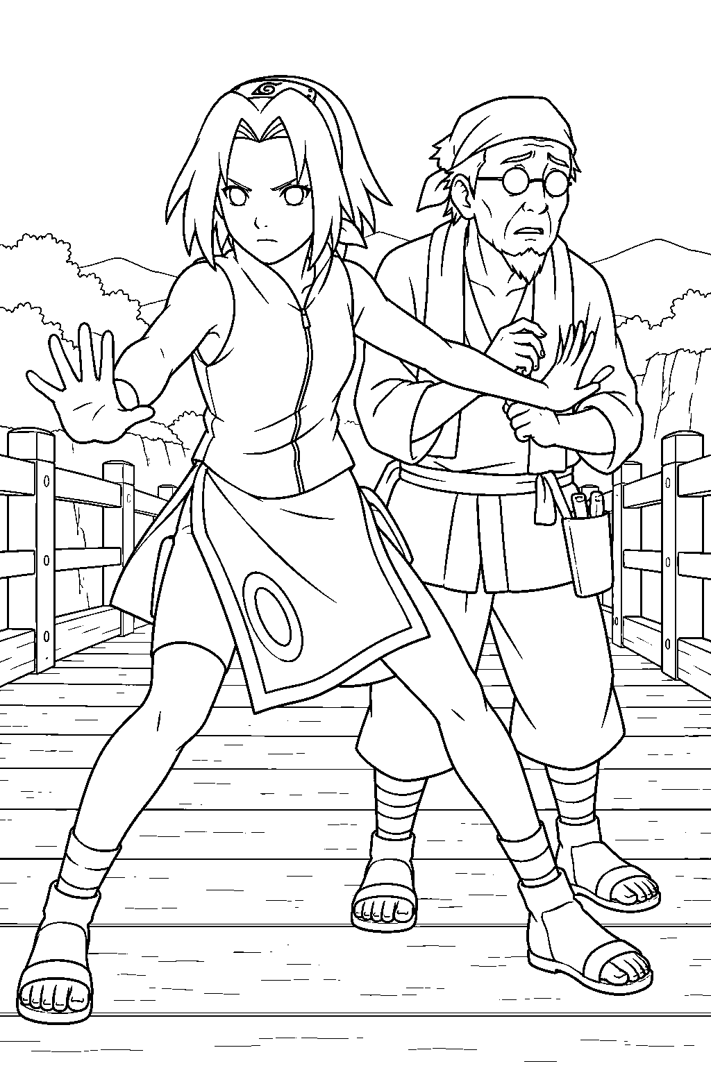 sakura haruno guarding tazuna on the land of waves bridge line art