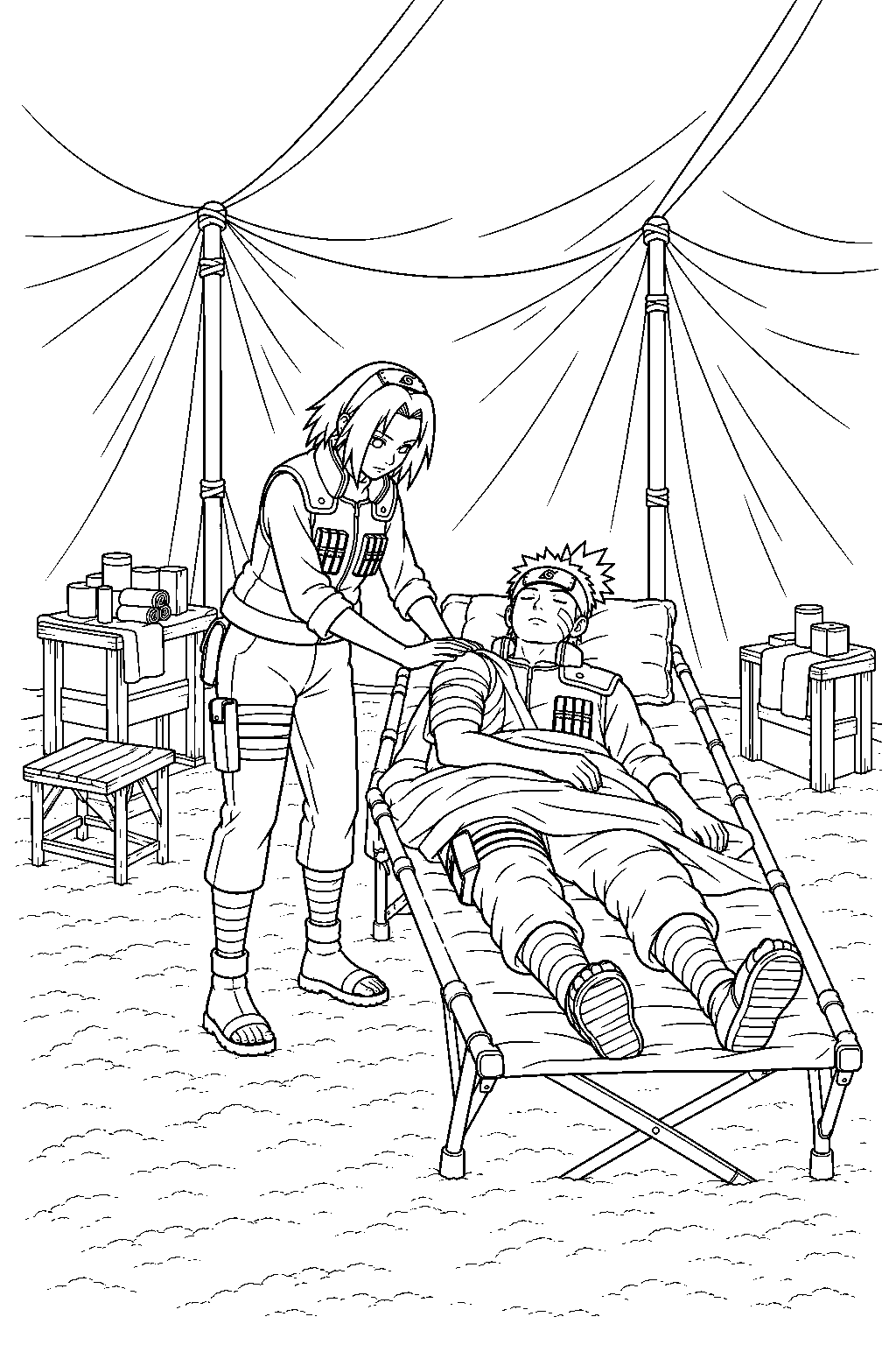 sakura haruno healing a shinobi inside an allied medical camp tent line art