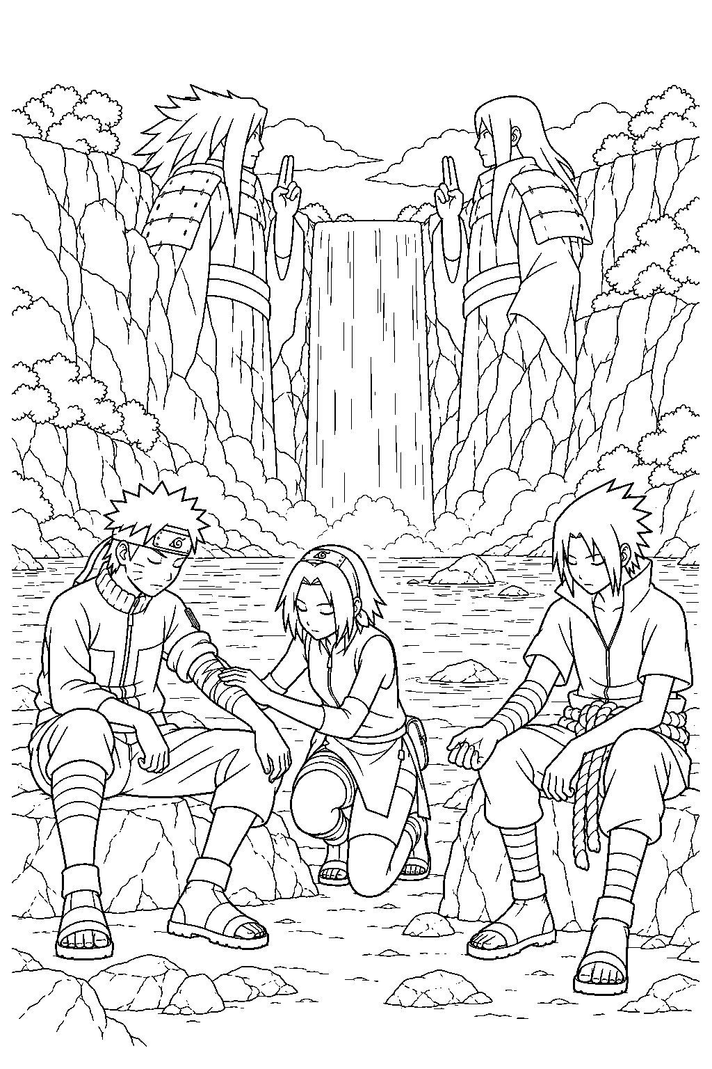 sakura haruno healing naruto and sasuke beside the valley of the end waterfall line art