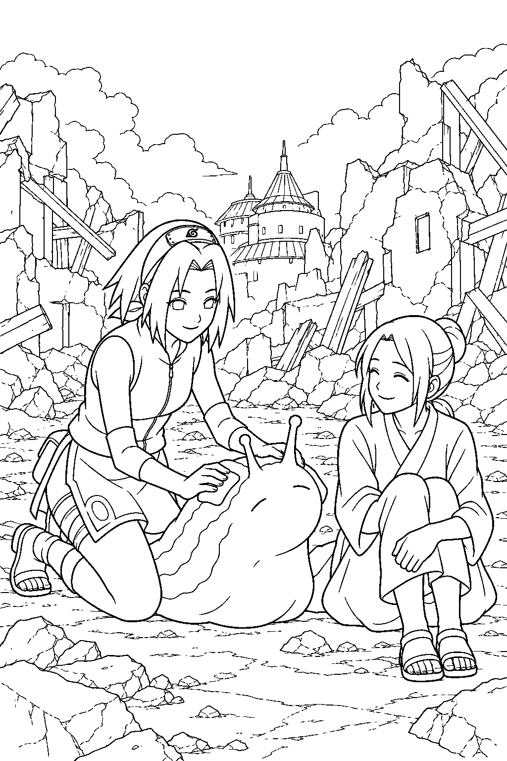 sakura haruno helping katsuyu care for survivors in the ruined hidden leaf village line art