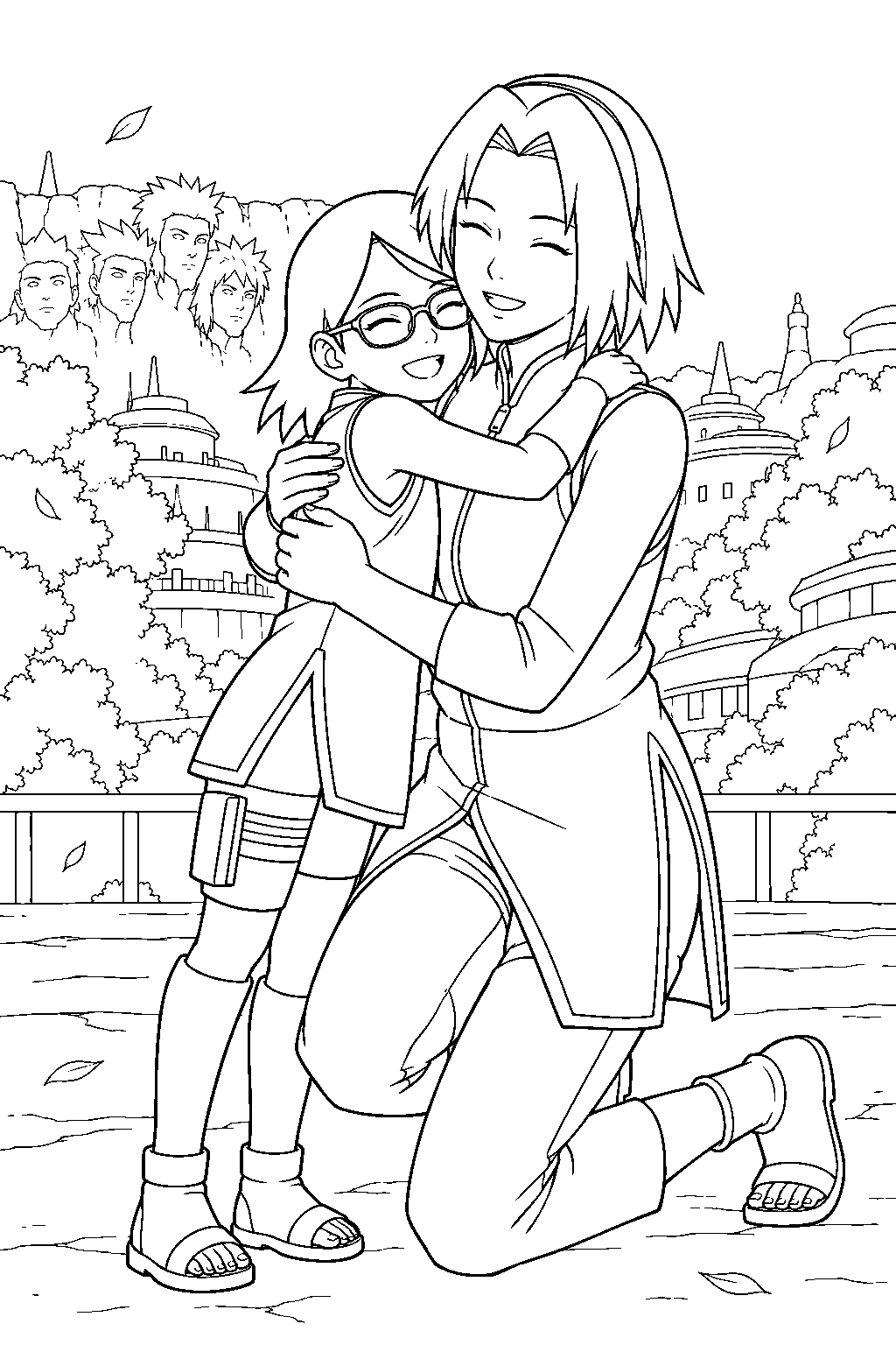 sakura haruno hugging sarada uchiha after their family rescue line art