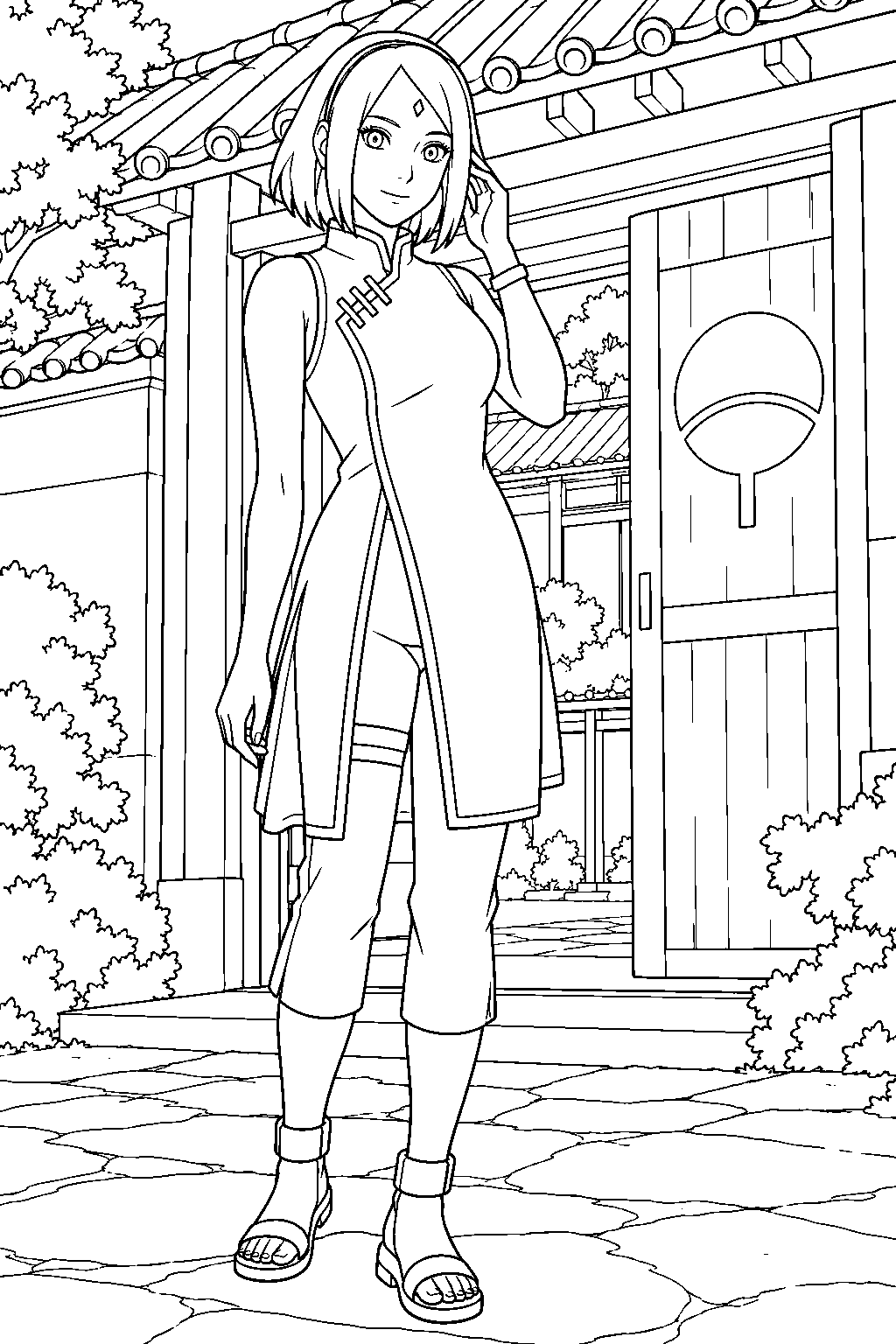 sakura haruno in her adult boruto outfit at the uchiha family home line art