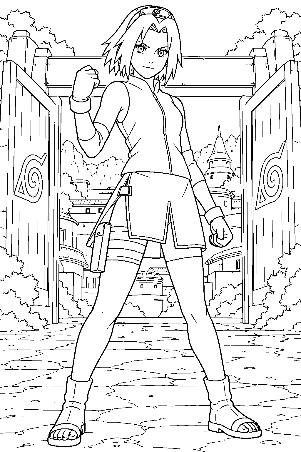 sakura haruno in her naruto shippuden outfit at the hidden leaf village gates line art