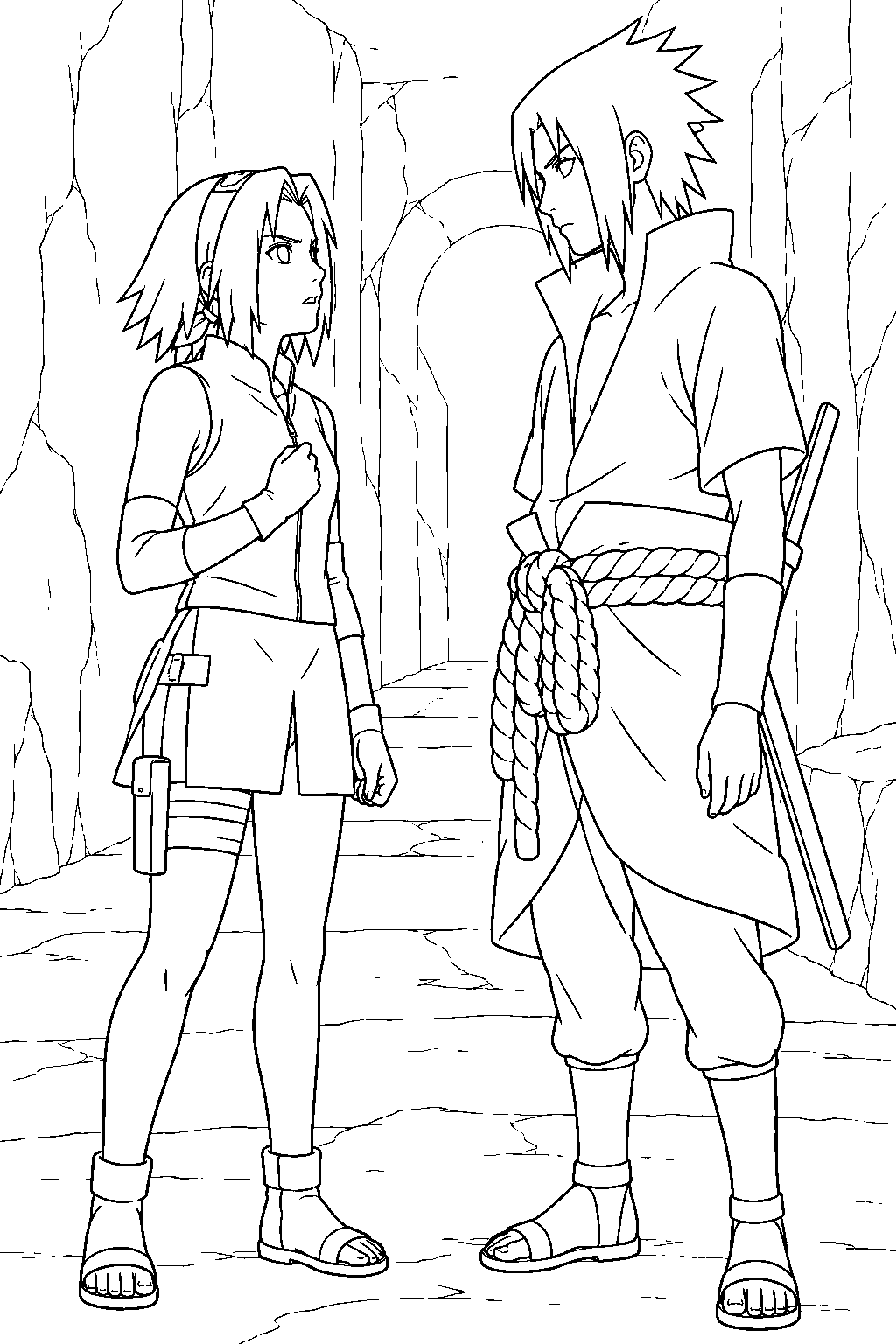 sakura haruno meeting sasuke again in orochimaru s hideout line art
