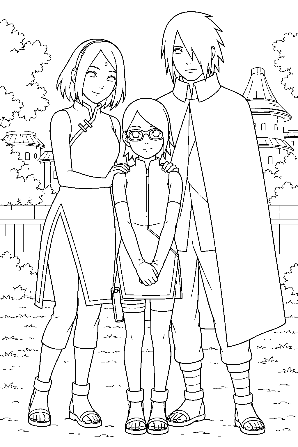 sakura haruno posing for an uchiha family photograph with sasuke and sarada line art